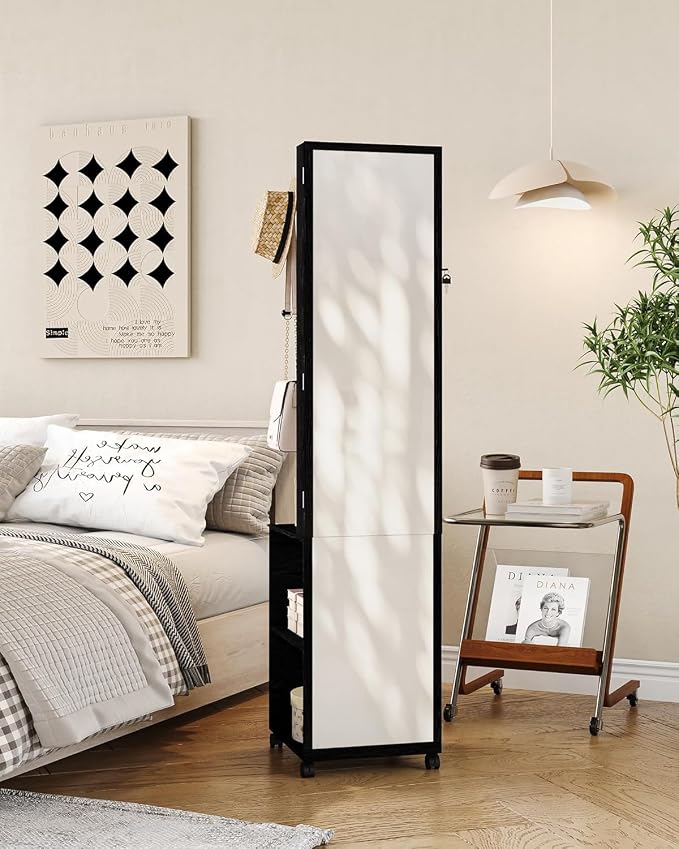 Hzuaneri 8 LEDs Jewelry Cabinet Armoire, 66.9-inch Jewelry Organizer | Lockable Full-length Mirror with Garment Rack & 4 Wheels, Storage Shelves with Hooks, 5-in-1, Black JC17004B