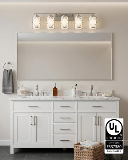5-Light Brushed Gold Bathroom Light Fixtures Over Mirror, 42" UL-Listed Modern Wall Sconce Lights with Frosted Milk White Glass and Metal Cage for Bath, Hardwire E26, CH9176BNW-5W
