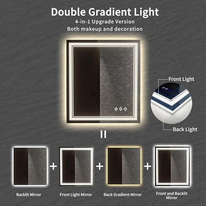 Bathroom Mirror, 32x36 Inch Gradient Front and Backlit LED Mirror for Bathroom, 3 Colors Dimmable CRI>90 Double Lights, IP54 Enhanced Anti-Fog, Hanging Plates Wall Mount LED Mirror