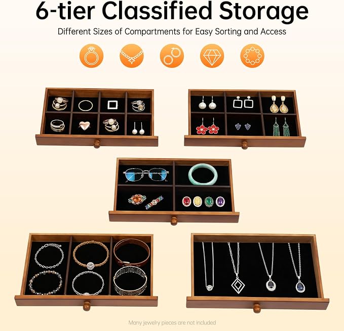 Large Wooden Jewelry Box for Women, Classic 6-layer Jewelry Storage Organizer with Mirror and Lock for Watches, Necklace, Ring (Brown)
