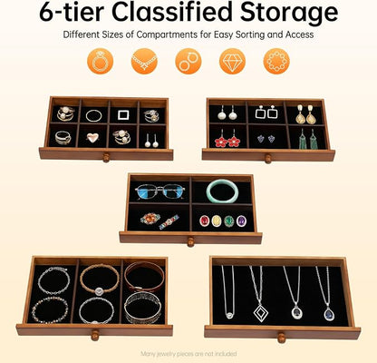 Large Wooden Jewelry Box for Women, Classic 6-layer Jewelry Storage Organizer with Mirror and Lock for Watches, Necklace, Ring (Brown)