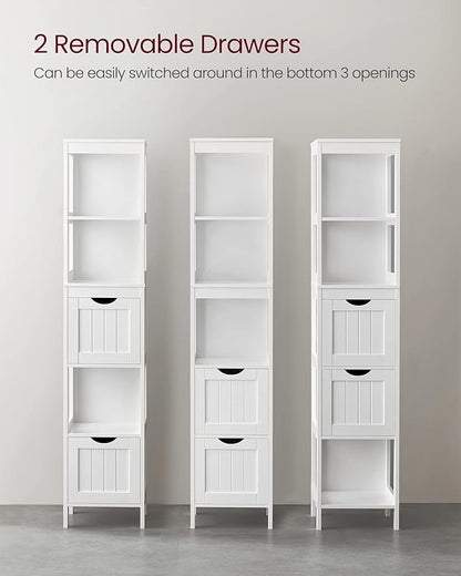 VASAGLE Bathroom Floor Cabinet, Bathroom Storage Organizer Rack Stand, Multifunctional Corner Unit, 2 Drawers, 55.7 Inches in Height, White UBBC066WH01S