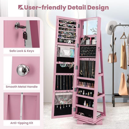 CHARMAID 360° Swivel Jewelry Armoire with Full Length Mirror, Standing Lockable Jewelry Cabinet Organizer, Large Storage Capacity, Inside Makeup Mirror, Back Storage Shelves (Pink)