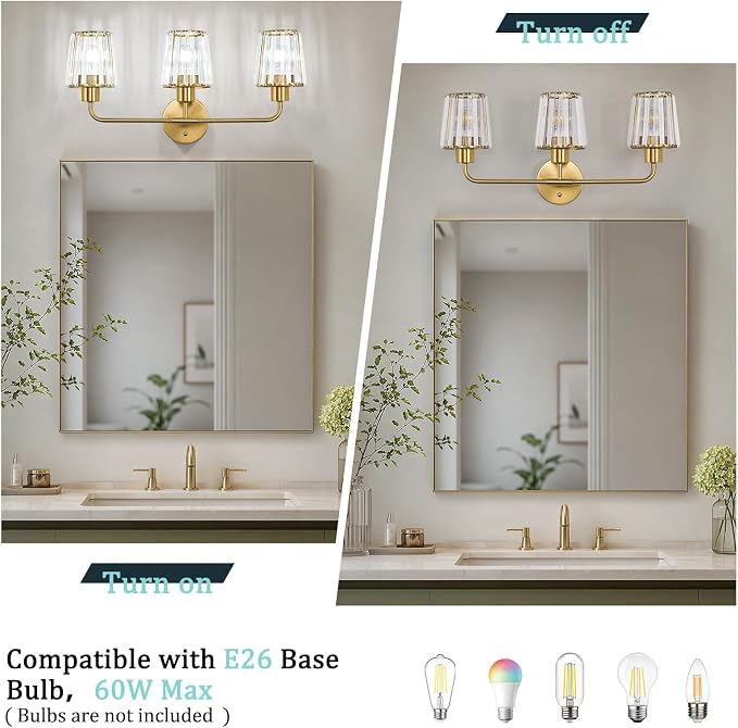 Brushed Gold Vanity Lights, 3-Light Crystal Bathroom Light Fixtures | Modern Bathroom Vanity Light E26 Wall Light over Mirror (Exclude Bulb)