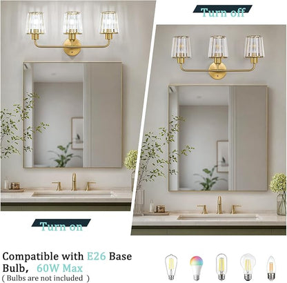 Brushed Gold Vanity Lights, 3-Light Crystal Bathroom Light Fixtures | Modern Bathroom Vanity Light E26 Wall Light over Mirror (Exclude Bulb)