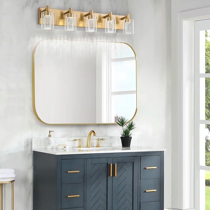 SineRise Vanity Light with 3 Color Modes (3000K/4000K/6000K), Eye Protection LED Bathroom Light Fixture, Dimmable Modern Wall Light Over Mirror with Clear Glass Shade (Gold, 5-Light)