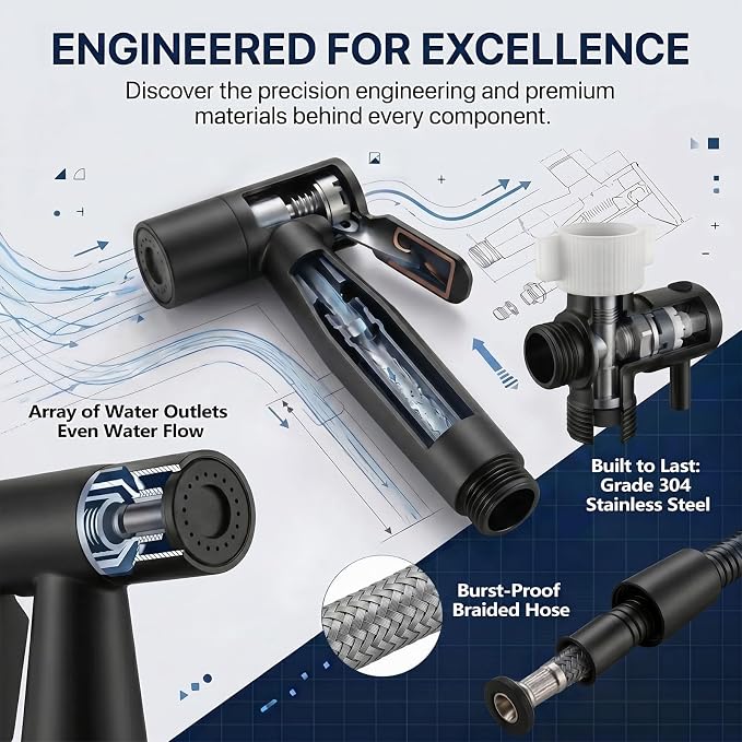 TRIPHIL Handheld Bidet Sprayer for Toilet, Adjustable Water Pressure Jet Bidet Attachment with Leak-Proof 304 Stainless Steel T-valve for Bathroom Cleaning, Cloth Diaper/Feminine Wash, Matte Black