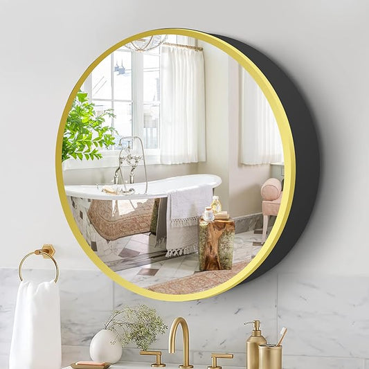 Movo Medicine Cabinet Round 24 Inch x 24 Inch Bathroom Cabinet Mirror, Circular Storage Cabinet Surface Mounted Gold