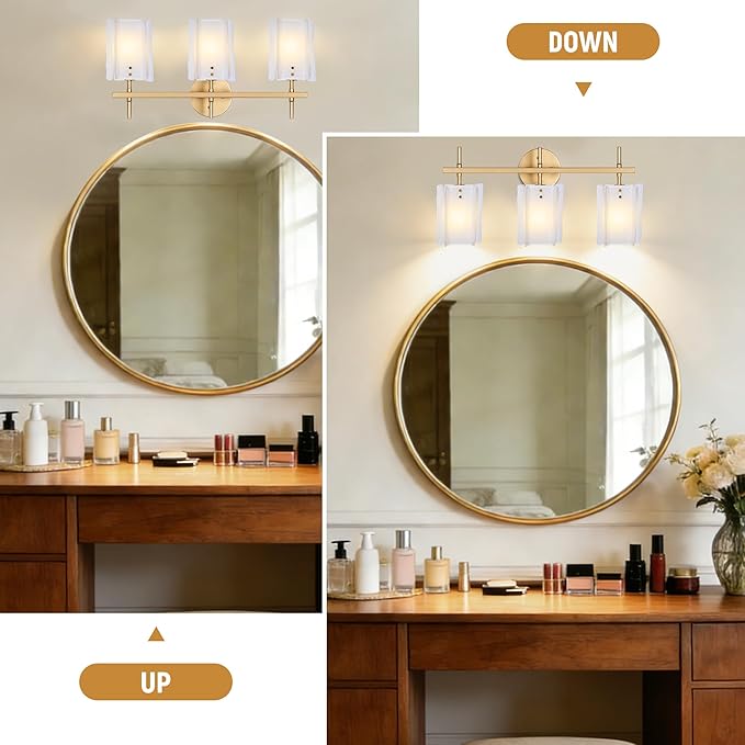 3-Light Milk Glass Bathroom Vanity Light, Gold Bathroom Light Fixture Over Mirror, Modern Vintage Vanity Lights for Bathroom, Mirror Cabinets, Powder Room, Living Room, 23.6" L