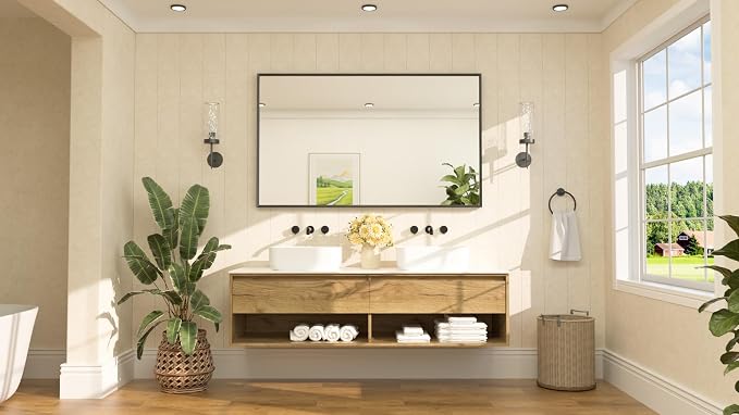 Matte Black Beveled Framed Bathroom Mirror 60" x 36" Large Black Rectangle Metal Vanity Wall Mirror for Bathroom Sink, Modern Farmhouse, Tempered Glass, Shatterproof, Stronger Frame