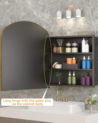 24x30 Inch Bathroom Medicine Cabinet Surface Mounted, Medicine Cabinet with Arched Mirror, Hand-Painted Bronze Aluminum Frame, Baroque Flower Decor, Black Metal Cabinet, 2 Stable & Removable Shelves