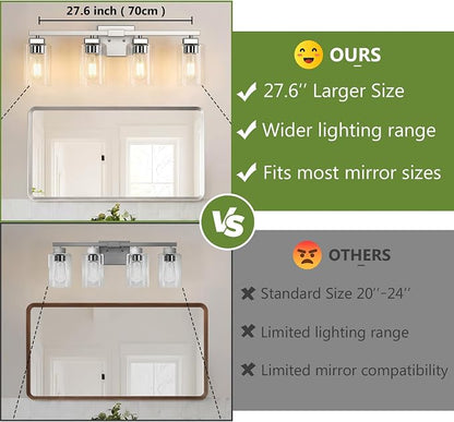 27” Bathroom Light Fixtures,4-Light Vanity Light Brushed Nickel | Square Clear Glass & Durable Metal, Quick & Easy Installation, Standard E26 Socket, Bright Bathroom Lighting