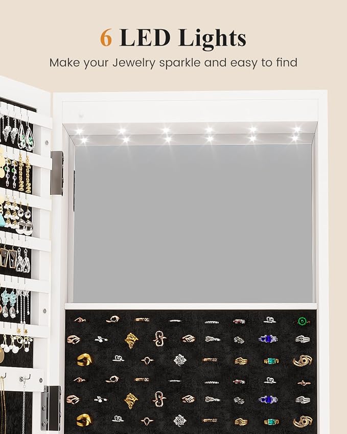LVSOMT LED Jewelry Cabinet Standing, 360° Swivel Jewelry Armoire, White | Full Length Mirror with Storage, 3 Rear Shelves, Internal Mirror, 3 Color Lights, Lockable for Bedroom, Women Girls Gift