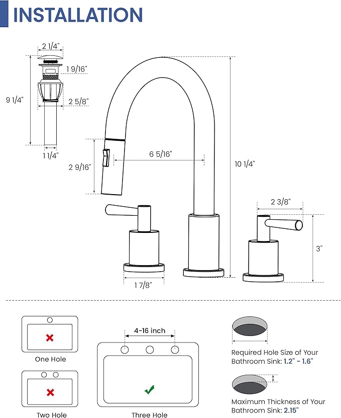 Bathroom Faucet 3 Holes - Brushed Nickel Bathroom Faucet with Sprayer - Widespread Sink Faucets 2 Handles - Pull Down Vanity Faucets with Pop Up Drain and Supply Lines