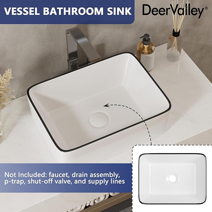 DeerValley Liberty 16x12 Inch Rectangular Vessel Sink, White Ceramic Bathroom Sink with Black Striped Border, Above Counter Basin, DV-1V0317