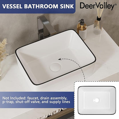 DeerValley Liberty 16x12 Inch Rectangular Vessel Sink, White Ceramic Bathroom Sink with Black Striped Border, Above Counter Basin, DV-1V0317