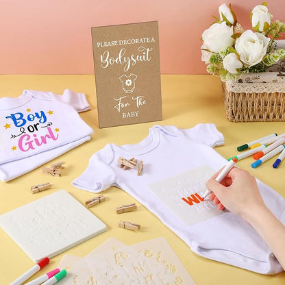 Panitay 126 Pcs Baby Shower DIY Bodysuit Set Bib 25 Blank White Newborn Bodysuit 25 Stencils 24 Marker 1 Sign 50 Pins(Kraft)
