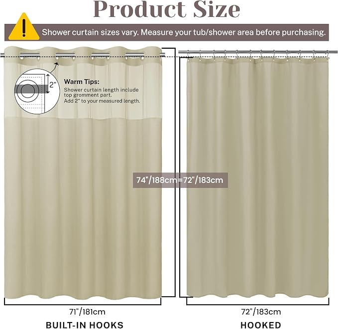 SORTTO No Hook Slub Shower Curtain with Liner, 71x74, Linen | Snap in Liner, 3 in 1, Bamboo Texture, Hotel Style, Waterproof Fabric, Mesh Top Window, Corner Magnets, Machine Washable