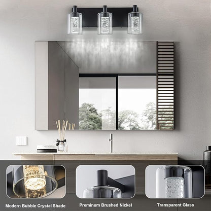 SineRise Vanity Light with 3 Color Modes (3000K/4000K/6000K), Eye Protection LED Bathroom Light Fixture, Dimmable Modern Wall Light Over Mirror with Clear Glass Shade (Black, 3-Light)
