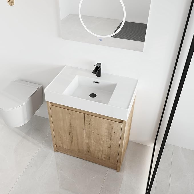 30 Inch Bathroom Vanity with Sink, 30" Mordern Freestanding Bathroom Vanity, Bathroom Single Sink Vanity Combo, Brown Floor Stand Bath Cabinet Set with Soft-Closing Doors, Adjustable Shelf (03630MA)