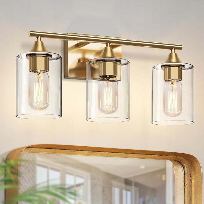 Gold Bathroom Light Fixtures,3-Light Vanity Lights,Modern Brushed Brass Gold Wall Sconce Lighting,Bathroom Wall Lamp for Mirror Bedroom Living Room Vanity Table Hallway