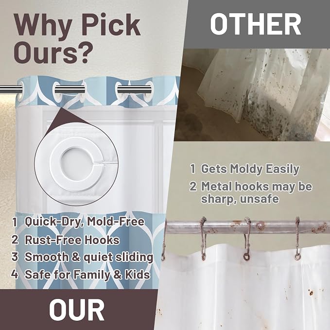 Gelbchu Light Blue No Hook Shower Curtain with Snap-in Liner, 71 x 74 Inch | Built-In Hooks, Mesh Top Window, Water-Repellent, Machine Washable, Quick Drying, Premium Polyester, Hotel Style, Modern