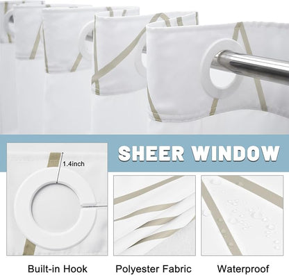 No Hook Beige Khaki Striped Shower Curtain with Snap in Liner Set - Hotel Shower Curtain and Liner Set with See Through Mesh Top Window,Machine Washable, 71x74 INCH