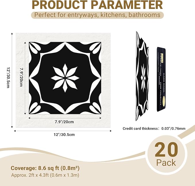 20-Pack Peel and Stick Floor Tile, 7.9”x7.9” Vinyl Flooring for Bathroom Kitchen, Waterproof Non-Slip Durable Self-Adhesive Easy DIY Removable No Residue Black