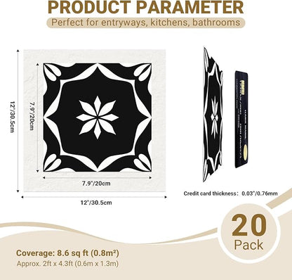 20-Pack Peel and Stick Floor Tile, 7.9”x7.9” Vinyl Flooring for Bathroom Kitchen, Waterproof Non-Slip Durable Self-Adhesive Easy DIY Removable No Residue Black