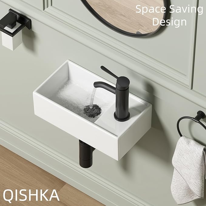 Small Wall Mount Bathroom Vessel Sink, QISHKA 15.6" X 8.6" Rectangular Floating Ceramic Wash Hand Basin- White Wall Hung Vanity Sink with Overflow for Small Bathroom (Right Hand)