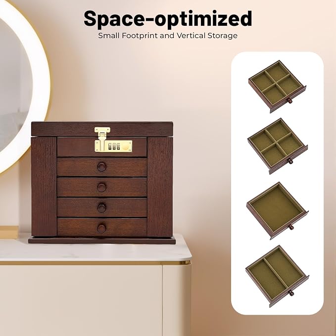 Extra Large 5 Layers Wooden Jewelry Box Jewelry Case Cabinet Armoire Ring Necklacel Gift Storage Box Organizer(5 Layers,Brown,Style 4)
