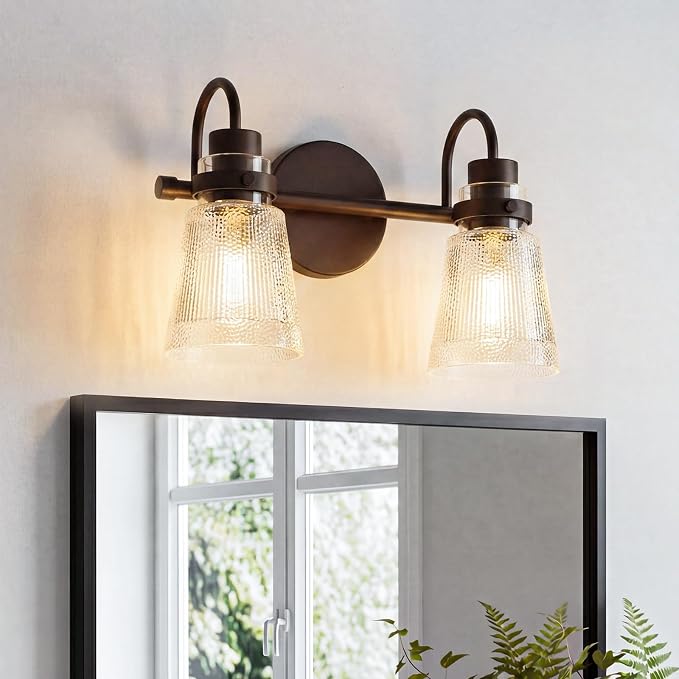 2-Light Bathroom Vanity Light, 13.8 Inch Farmhouse Bathroom Light Fixtures with Clear Striped Glass Shade, Oil Rubbed Bronze Wall Sconce Lighting Over Mirror for Bedroom Hallway Cabinet
