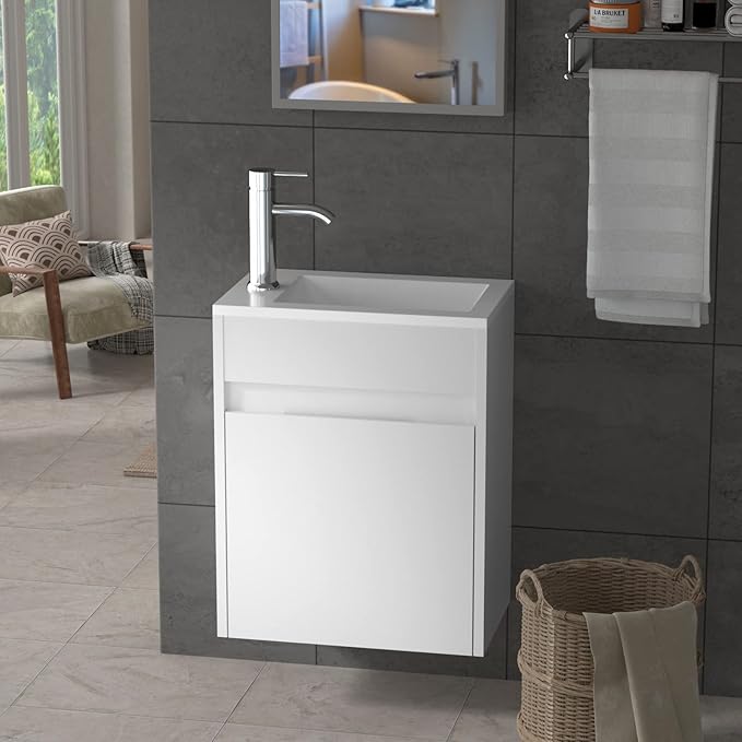 UEV Small Bathroom Vanity Wall Mounted, White, 16*9.8*20.3 in (L*W*H), Modern Style with Ceramic Sink and Chrome Faucet