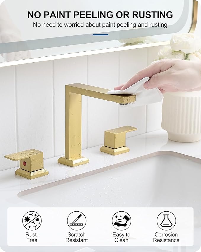 8 Inch Brass Bathroom Faucet 3 Hole, 2 Handle Brushed Gold Faucets for Bathroom Sinks with Pop up Drain, Pre-Installed cUPC Water Hoses & Removable Aerator for Vanity, Modern, No Noise