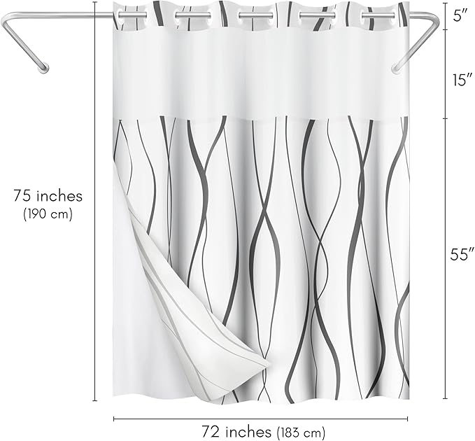 Americanflat 72x75 Hookless Shower Curtain - Water-Resistant Soft Waves Shower Curtain with Sheer Panel, Snap-in Liner, and Durable Grommets - 100% Polyester - Black and White