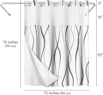 Americanflat 72x75 Hookless Shower Curtain - Water-Resistant Soft Waves Shower Curtain with Sheer Panel, Snap-in Liner, and Durable Grommets - 100% Polyester - Black and White
