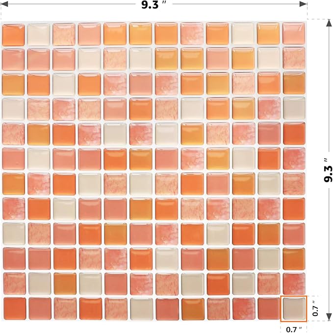 3D Mosaic Tile Sticker Removable Wallpaper Tile Orange, 3D Self Adhesive Wall Tiles Bathroom Wall Tiles for Kitchen Backsplash Orange, PVC Square Decorative Vinyl Decals, 4 Sheets