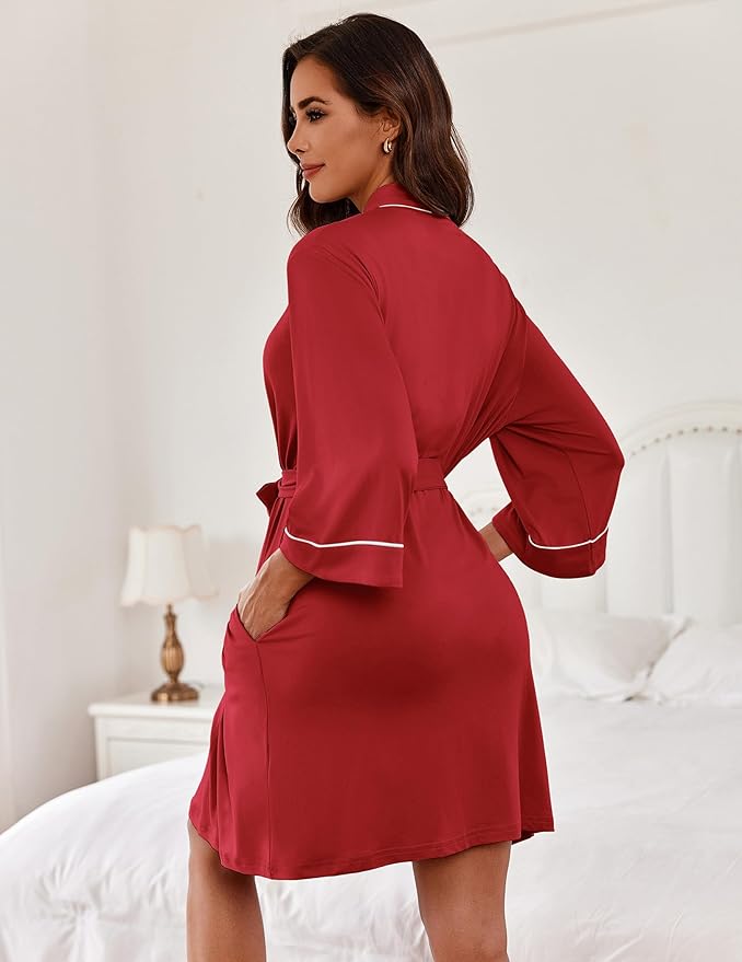 Ekouaer Women Kimono Robes Knee Length Knit Bathrobe Lightweight Soft Sleepwear V-neck Casual Ladies Loungewear