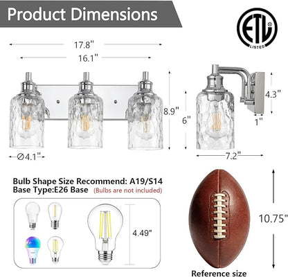 Bathroom Light Fixtures Over Mirror, 3 Lights Vanity Lights with Hammered Glass Shade, 17.8" Chrome Farmhouse Bathroom Light Fixtures for Bedroom, Porch, Hotel, Mirror Cabinet