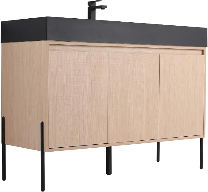 Crownpoint 48 Inch Bathroom Vanity with Sink, Black Sink, White Oak Finish, Full Assembly Required, Elegant Bathroom Vanities for Modern Homes
