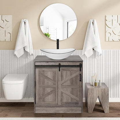 30 Inch Barn Door Bathroom Vanity, Farmhouse Style Standing Pedestal Cabinet with White Ceramic Boat Sink with Black Trim