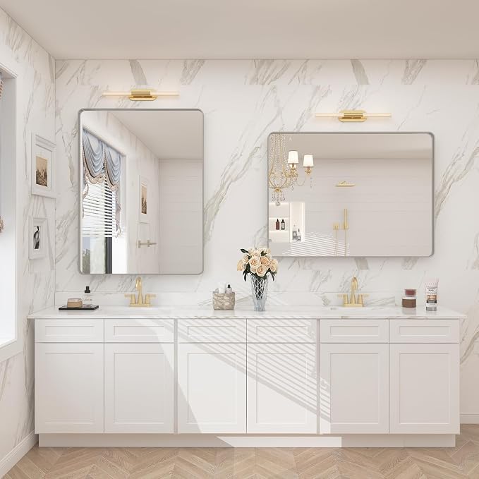 2 Pack of 22x30 Inch Silver Brushed Nickel Bathroom Mirror for Wall | Silver Metal Framed Vanity Mirror, Rounded Rectangle, Anti-Rust, Shatterproof, Hangs Horizontally or Vertically