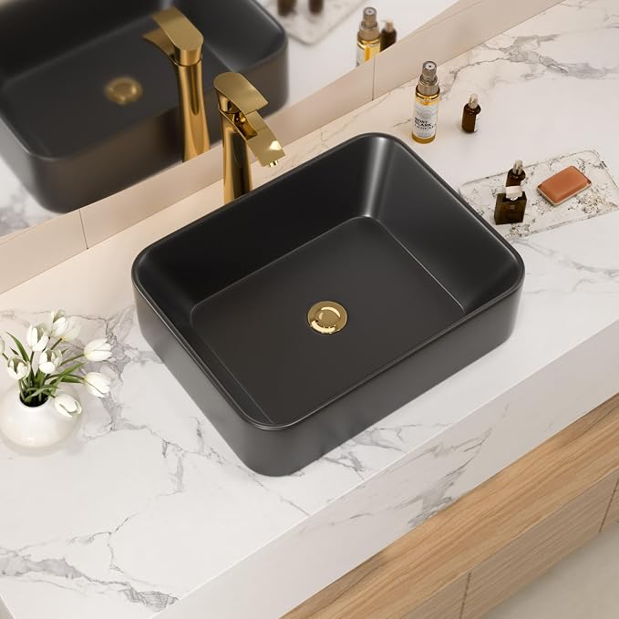19x15 Black Topmount Vessel Bathroom Sink | black drop in dtopin top mount over counter rectangle bathroom sink
