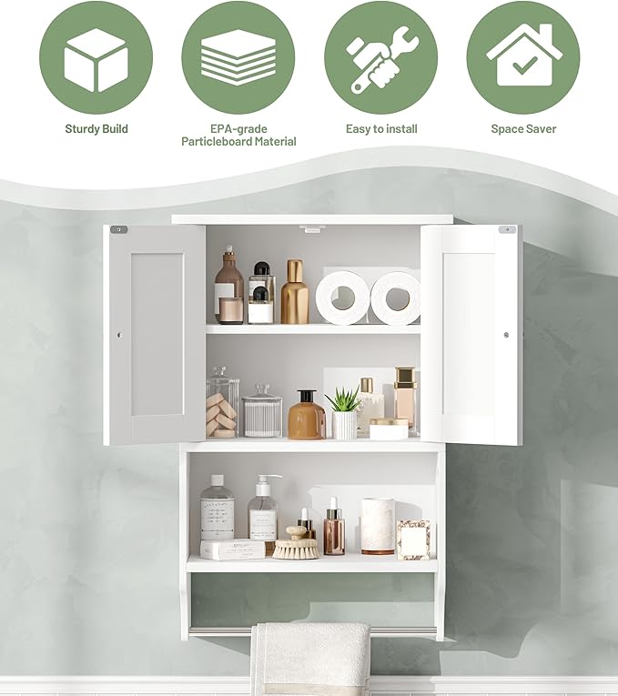 Small Bathroom Wall Cabinet with Towel Bar and Adjustable Shelf, Modern Medicine Cabinet with 2 Lined Doors, Wooden Over the Toilet Storage Cabinet for Kitchen, Living Room, Entryway, White
