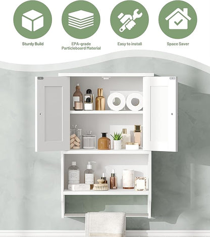 Small Bathroom Wall Cabinet with Towel Bar and Adjustable Shelf, Modern Medicine Cabinet with 2 Lined Doors, Wooden Over the Toilet Storage Cabinet for Kitchen, Living Room, Entryway, White