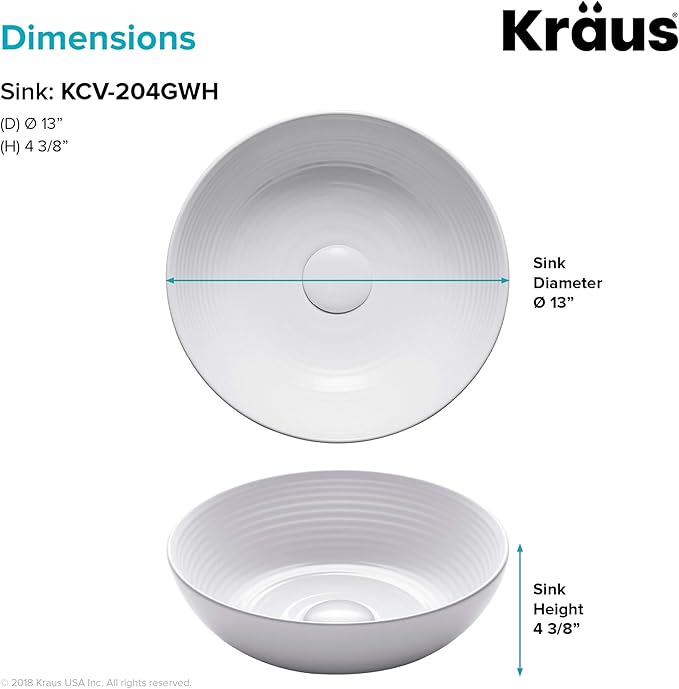 KRAUS Viva™ Round White Porcelain Ceramic Vessel Bathroom Sink, 13 in. D x 4 3/8 in. H, KCV-204GWH