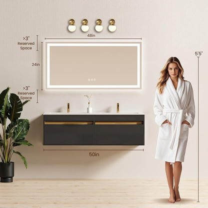 48x24 LED Bathroom Mirror with Anti-Fog, Backlit & Front Lit, Memory | Stepless Dimmable 3 Color CRI 95+ Shatterproof Tempered Glass ETL Listed for Safety Lighted Bathroom Vanity Mirror for Wall