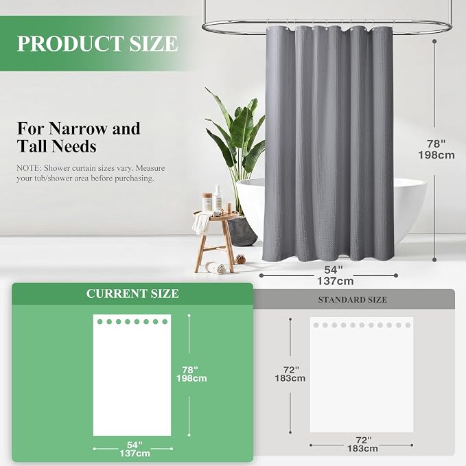 Stall Waffle Shower Curtain 256 GSM Heavy Fabric 54x78 Grey/Gray | 54 x 78 Inch Long, Thick Cloth, Weighted Hem, Water Repellent, Hotel Luxury Polyester Shower Curtains for Bathroom 10 Hooks