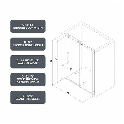 Frameless Shower Door 49"-54" W x 76" H-5/16 (8mm) Tempered Glass Single Sliding Bathroom Door W/Adjustable Soft Closing,Brushed Nickel,Nano Cleaning,Easy Install (SGCC Certified)