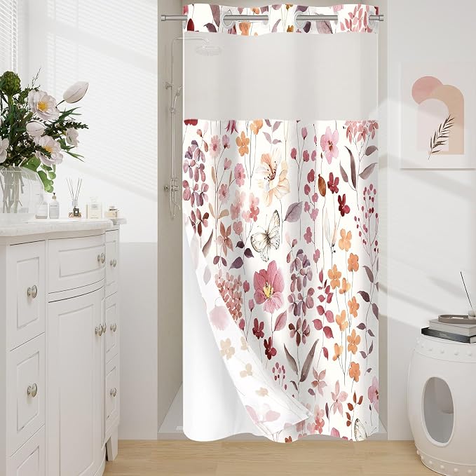 No Hook Burgundy Watercolor Floral Shower Curtain and Liner Set, 36x74 | Spring Flower Shower Curtains with Snap-in Liner for Farmhouse Bathroom Decor, Botanical Bathroom Curtain with Leaves